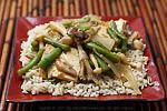 Maitake and Beech Mushrooms with Simmered Tofu on Sesame Rice