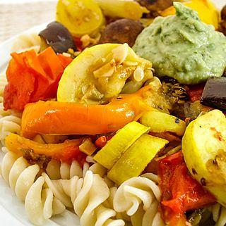 Pasta with Roasted Vegetables and White Bean Pesto