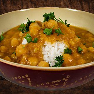 Chickpeas and Barley in Red Lentil and Eggplant Sauce