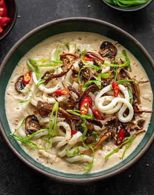 Creamy Umami Noodle Soup with Crispy Mushrooms