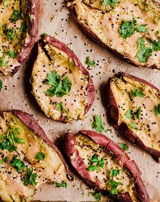 Baked Japanese Sweet Potatoes with Miso Tahini Butter