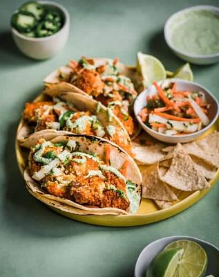 Crispy Spicy Cauliflower Tacos with Jicama-Carrot Slaw