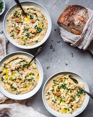 Creamy Vegan Cauliflower Soup with Sausage and Kale