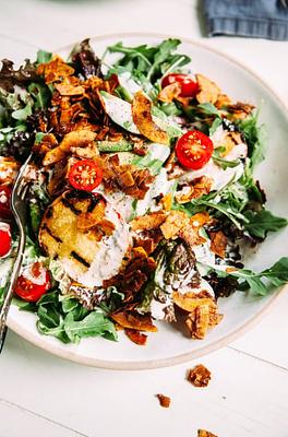 Vegan BLT Salad with Coconut Bacon, Grilled Peaches & Tangy Lemon Pepper Dressing