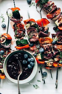 Summer Veg & Tofu Skewers with Blueberry BBQ Sauce
