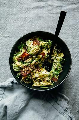 Citrus Brussels Sprouts Slaw with Rice Paper “Bacon” Bits