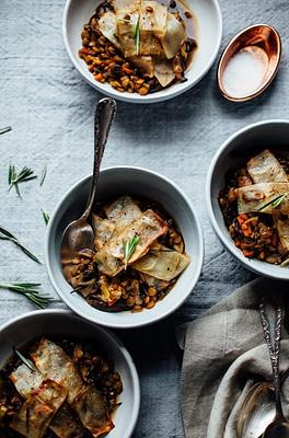 Baked Balsamic Lentil Stew with Mushrooms & Rosemary Potatoes