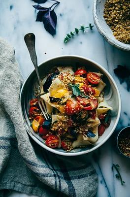 Rustic Vegan Pasta with Cheesy Chickpea Crumble & Heirloom Tomatoes