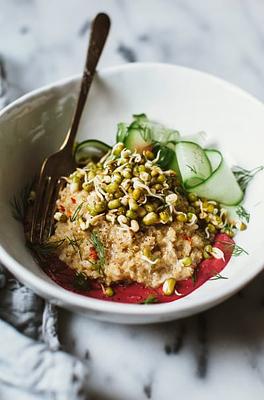 Sprouted Mung Bowl with Coconut Quinoa & Beet Tahini