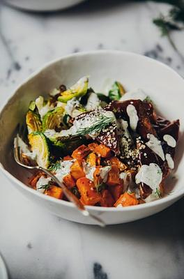 Roasted Winter Bowl with BBQ Tempeh & Hemp Seed Ranch