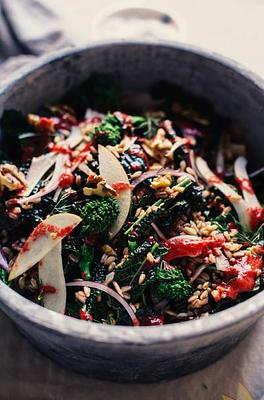 Broccoli Rabe & Kale Harvest Salad with Cranberry Orange Dressing