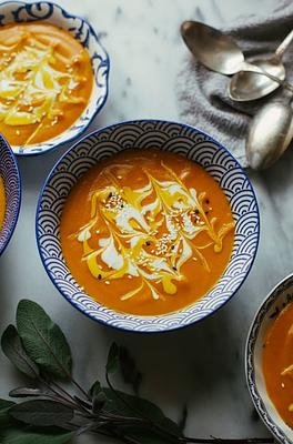 Simple Ginger Carrot Bisque with Tahini Cream