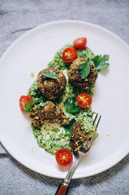 Vegan Eggplant Meatballs with Za’atar & Kale Pesto