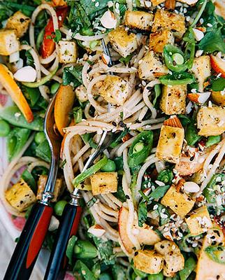 Cold Vegan Noodle Salad with Tofu & Zingy Almond Butter Dressing