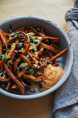 Curry Garlic Sweet Potato Fries with Miso Gravy