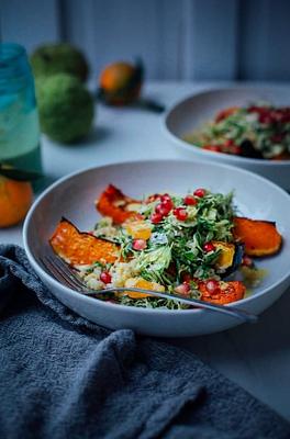 Salty Maple Squash with Ginger Scallion Rice & Turmeric Brussels Sprout Slaw
