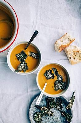 Kabocha Squash and Chestnut Soup with Kale Sesame Crisps