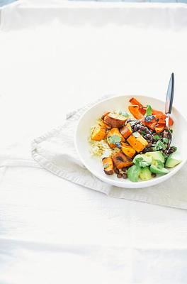 Grilled Sweet Potato Burrito Bowls with Black Beans & Cumin Garlic Sauce