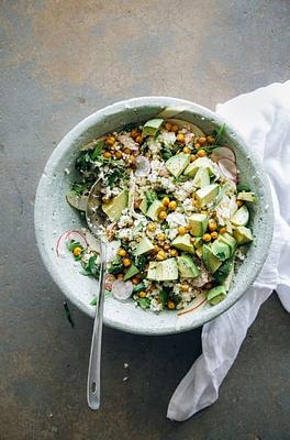 Cauliflower & Roasted Garbanzo Rice and Peas Salad with Apple & Avocado