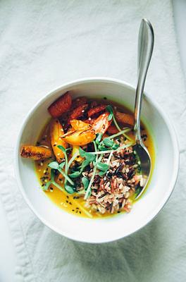 Roasted Carrots & Rice with Zingy Turmeric Broth