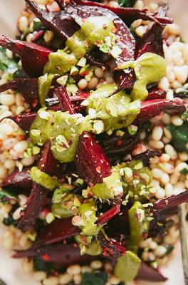 Grapefruit Roasted Beets with Greens, White Beans & Pistachio Butter