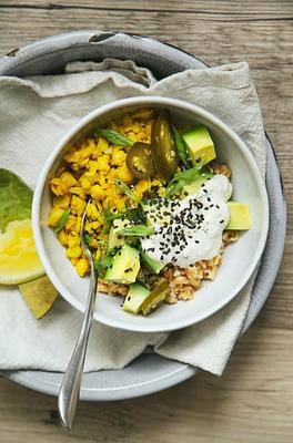 Farro Breakfast Bowl with Turmeric & Scallion Scrambled Chickpeas