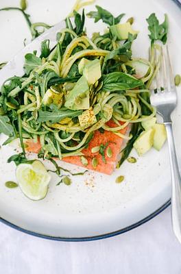 Chili Lime Cucumber Noodles on Salted Watermelon with Mint & Basil