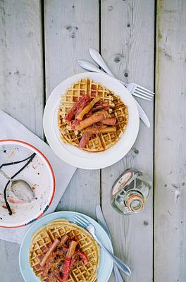 Raised Waffles with Buckwheat & Vanilla Stewed Rhubarb