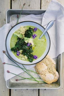 Simple Asparagus and Ramp Soup with Rustic Spelt Bread