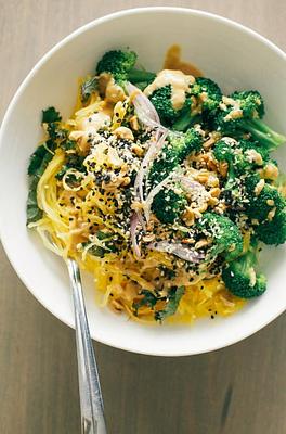 Spaghetti Squash Noodle Bowl with Lime Peanut Sauce