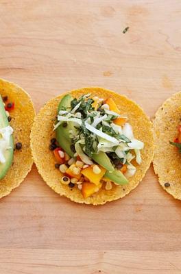 Peachy Corn Tacos with Lentils & Basil Slaw