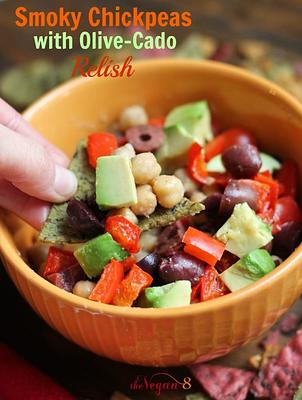 Smoky Chickpeas with Olive-Cado Relish….and my thought process on writing recipes!