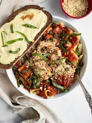 Easy Tomato and Garlic Pasta with Vegan Lemon Parmesan