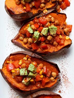 Baked Sweet Potatoes Stuffed with Chickpea Chili