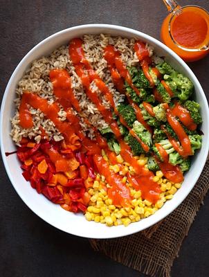 Roasted Broccoli & Rice Bowl with Chipotle Red Pepper Sauce