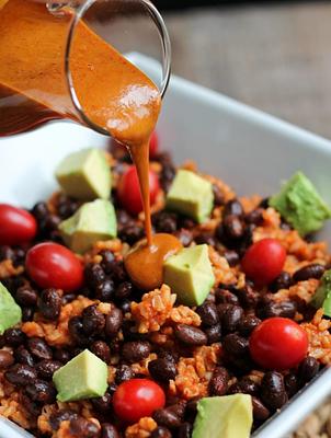 Rice, Black Bean and Avocado Bowl with Fat-Free Sweet Chili Mustard Sauce