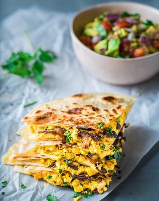 Vegan Quesadillas with Mushroom Bacon