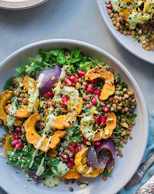 Warm Lentil Salad with Delicata Squash and Cilantro Cashew Cream