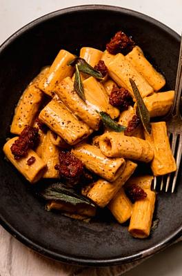 Creamy Vegan Butternut Squash Pasta with Veggie Sausage & Fried Sage