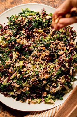Shredded Fall Greens with Sherry Thyme Vinaigrette & Hazelnuts