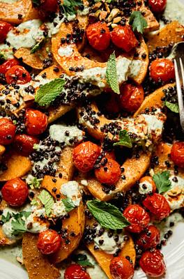 Roasted Butternut Squash with Lentils, Cherry Tomatoes & Herbed Yogurt