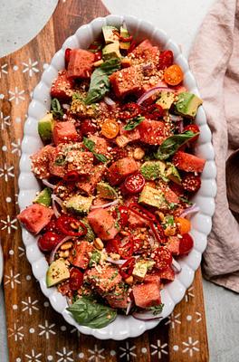 Spicy Vegan Watermelon Salad with Corn Nuts and Basil