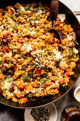 One-Pot Rice and Veggies with Chickpeas & Dilly Tahini