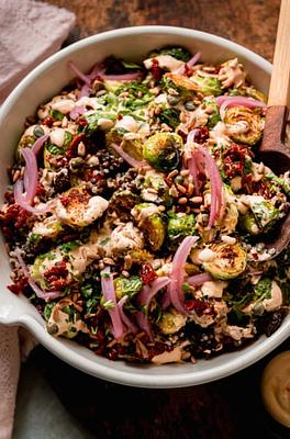 Roasted Brussels Sprouts, Quinoa & Lentil Salad with Spicy Caesar Dressing
