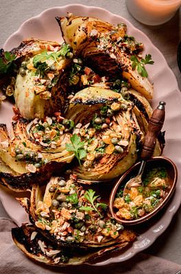 Oven-Roasted Cabbage Wedges with Caper Raisin Relish