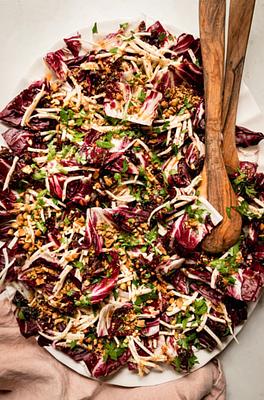 Celery Root Radicchio Salad with Warm Date Dressing & Pistachios