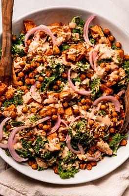 Kale Sweet Potato Salad with Crispy Chickpeas, Pickled Red Onion & Spicy Tahini Ranch