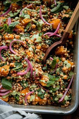 Baked Pearl Couscous & Butternut Squash with Basil Tahini