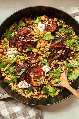 One-Pan Harissa Eggplant, Pearl Couscous & Chickpeas