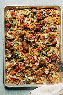 Veggie Sausage Sheet Pan Dinner with Pesto Cream